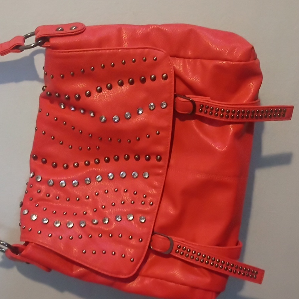 Y2K Vibrant Orange Studded Messenger Crossbody Bag Adjustable Strap 90s
